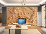 布沙发3D立体中式浮雕孔雀凤凰牡丹花电视背景墙壁纸无缝大型壁画