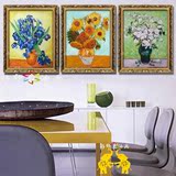 梵高向日葵纯手绘油画鸢尾花白玫瑰 客厅餐厅卧室挂画装饰三联画
