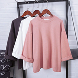 韩版2016春装新款纯色半高领七分蝙蝠袖t恤女圆领套头宽松打底衫