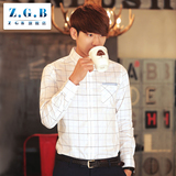 ZGB春季新款韩版修身男士长袖衬衫时尚英伦白色格子印花衬衣青年