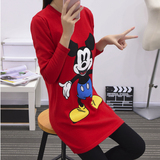 2015秋冬女装新款韩版中长款米老鼠图案宽松圆领套头针织衫毛衣女