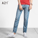 A21男士牛仔裤夏季修身直筒男裤子 薄款纯棉低腰青年浅色裤子潮流