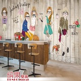 漫画女孩韩式壁纸韩国服饰店服装店咖啡馆大型壁画仿木纹木板墙纸