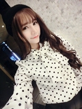 2015年秋季新款韩版波点甜美雪纺上衣蝴蝶结衬衫 带微弹力 女潮