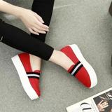 韩版新款女鞋低帮套脚一脚蹬学生帆布鞋板鞋松糕跟厚底单鞋白红色