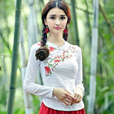 中国风女装 新款秋冬民族风女装 绣花棉T恤女长袖修身大码打底衫