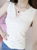 2016夏季韩版女装镶钻V领蕾丝拼接螺纹棉背心修身无袖上衣打底衫