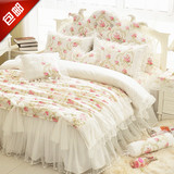 韩版全棉公主风蕾丝花边四件套床裙式婚庆床上用品奶白色碎花被套
