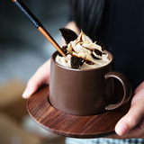 创意咖啡杯碟勺套装 胡桃木杯托时尚水杯 简约陶瓷茶杯马克杯子