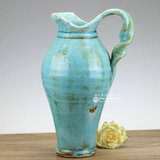 美式乡村蓝色复古花瓶 地中海仿旧欧式外贸陶瓷水壶装饰瓶摆件