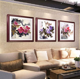 中式牡丹花鸟国画装饰画客厅现代纯实木有框画花开富贵三联挂画