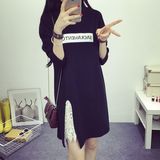2016韩版春装新款大码女装连衣裙胖MM显瘦蕾丝拼接字母长袖连衣裙