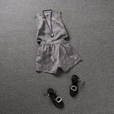 欧洲站2015夏装女装新款欧货无袖镶钻上衣阔腿短裤时尚真丝套装潮
