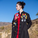 尤瑾2016新款民族风女装春秋装中式刺绣拼接中长款中国风风衣外套