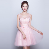 韩或2016春季新款短款伴娘服伴娘团短裙蓬蓬裙小礼服粉色双肩花朵