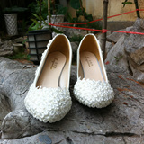 【凡帝】纯手工蕾丝水晶珍珠鞋低跟新娘婚礼鞋水钻礼服鞋结婚鞋