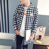 2016秋装新款中长款格子衬衣男款印花韩版青少年男士长袖衬衫外套