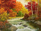 欧式印象大自然风景 山树河流秋天景色纯手绘油画客厅走道无框画