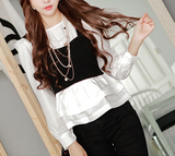 2015春装韩版新款女衬衣两件套甜美圆领荷叶边针织背心上衣