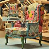 法式乡村老虎椅 美式田园彩色拼布沙发样板房家具 欧式实木休闲椅