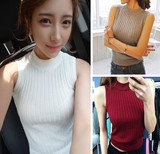 韩版新款女装 贴身竖条高领修身套头打底针织衫小吊带毛衣女 背心