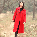原创设计师品牌2015冬新款女装毛呢外套 红色长款双排扣气质大衣