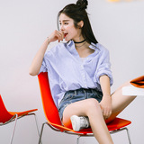 BONNIE2016夏季新款韩版宽松大码百搭长袖条纹衬衫女装休闲衬衣潮