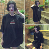 2016夏季新款韩版原宿风刺绣小高领五分袖T恤女宽松显瘦中长款t恤