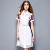 ZARA女装2016夏季新款欧美短袖衬衫裙印花假两件纽扣连衣裙中长款