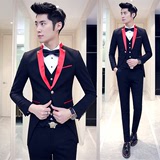 韩版修身长袖西服套装3件套红色 时尚西装三件套燕尾服男 黑色