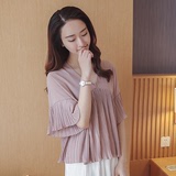 2016韩版夏季女装V领宽松显瘦百褶衬衣纯色上衣五分喇叭袖雪纺衫