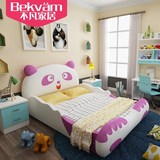男孩儿童床头层真皮卡通单双人女孩熊猫床 拖床伸缩床B168