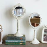 美式乡村复古台式化妆镜 梳妆镜白色镜子欧式木制雕花公主化妆镜