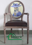 美式复古个性动物图案餐椅法式做旧咖啡厅餐椅创意皮革圆背书椅