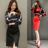 新款春秋款长袖女装韩版修身时尚气质休闲两件套格子连衣裙包臀