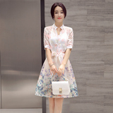韩版中长款气质修身带领有袖印花连衣裙夏裙2016夏天女装夏季裙子