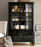 美式法式乡村实木黑色书柜书橱桦木两门玻璃门餐边柜展示柜 碗柜