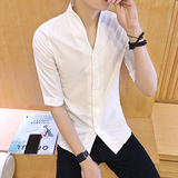 夏季男装七分袖衬衣男式韩版修身休闲半袖衬衫青少年潮流立领衣服