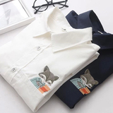 外贸原单新款韩版风格卡通松鼠刺绣宽松可挽起长袖棉衬衫女装