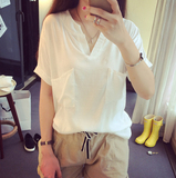 夏季韩版新款大码宽松简约休闲短袖棉麻衬衫女V领学生T恤亚麻衬衣