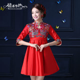 2016礼服新款韩版高腰短款孕妇妈妈红色结婚中袖敬酒晚装改良旗袍