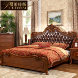 欧式真皮床双人1.8米实木雕花美式卧室家具皮艺奢华深色结婚大床