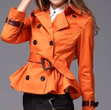 2015年秋冬新款巴宝莉风格腰带修身显瘦短款风衣潮卡其色橘色