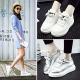 韩版内增高休闲运动鞋女小白鞋个性系带板鞋厚底银色串珠春秋鞋