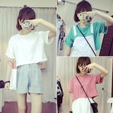 韩国夏季纯色宽松短款t恤女夏 糖果色学生简约圆领短袖露脐上衣
