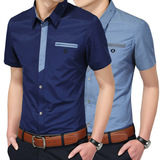 跃琪夏季韩版男士短袖衬衫纯色时尚休闲修身型薄款青年牛仔衬衣潮