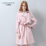 卡芮茜 2016春季新款大翻领插肩袖风衣女中长款修身外套粉色系带