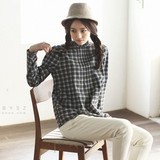韩国官网正品代购进口人气SZ女装 冬装新 时尚格纹风琴褶宽松衬衫
