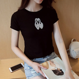 2016夏季新款短袖T恤女韩版修身带钻高跟鞋图案黑色半截袖上衣潮