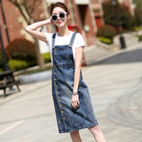韩版夏季修身做旧牛仔背带裙中长款a字两件套连衣裙女学生套装裙